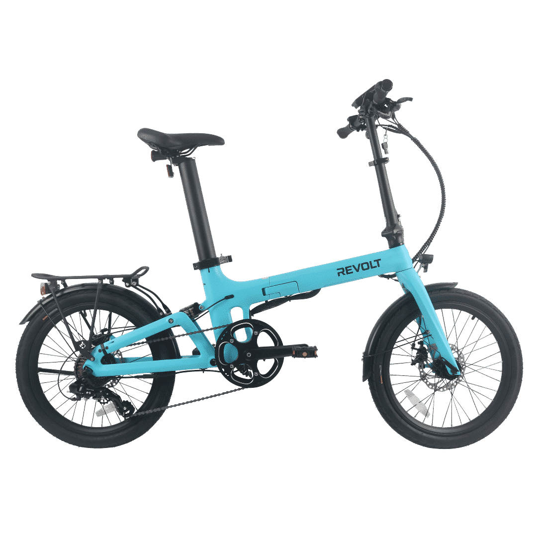 Revolt Bikes Carbon Fiber E-Bike, Azure Blue, Chain Drive, Rear Suspension, 7 Gears