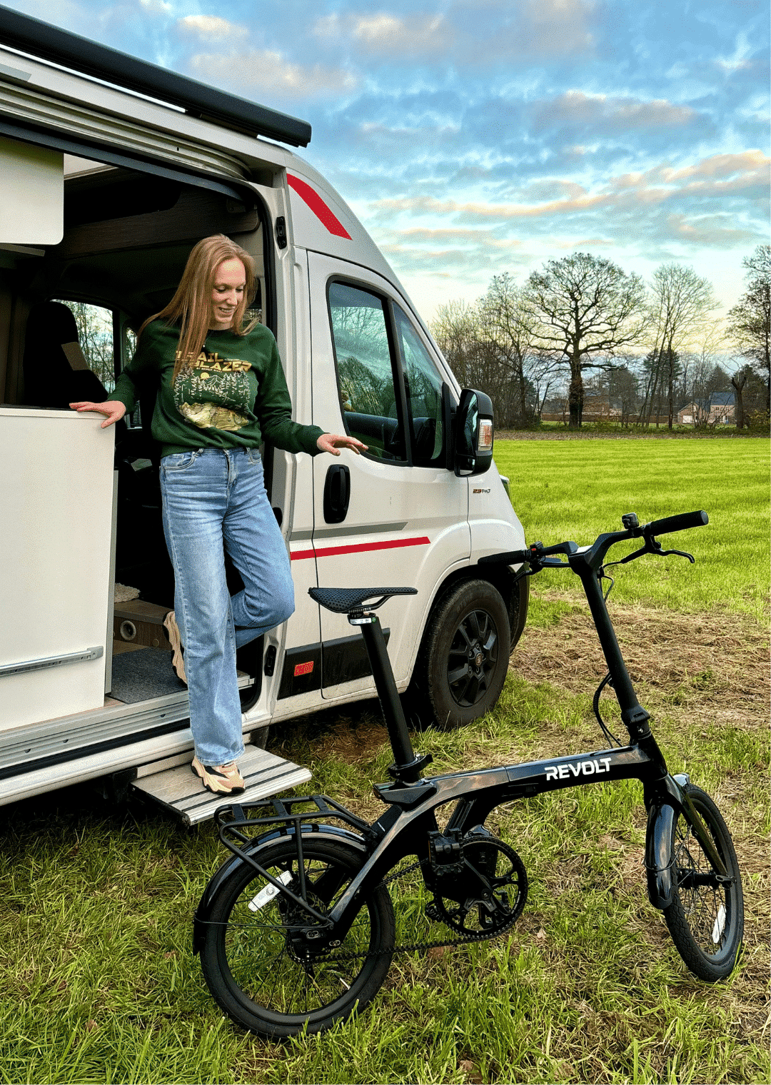 Revolt Carbon Fiber Pro V3, Mid Motor, Belt Drive E-Bike, Black, Female, Trailblazer Sweater Green, Camper, Camping