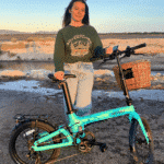 Revolt Carbon Fiber Pro V2 E-Bike, Rear Suspension, Mint Green, Female, Unfolding Adventures Sweater Green