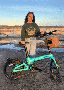 Revolt Carbon Fiber Pro V2 E-Bike, Rear Suspension, Mint Green, Female, Unfolding Adventures Sweater Green